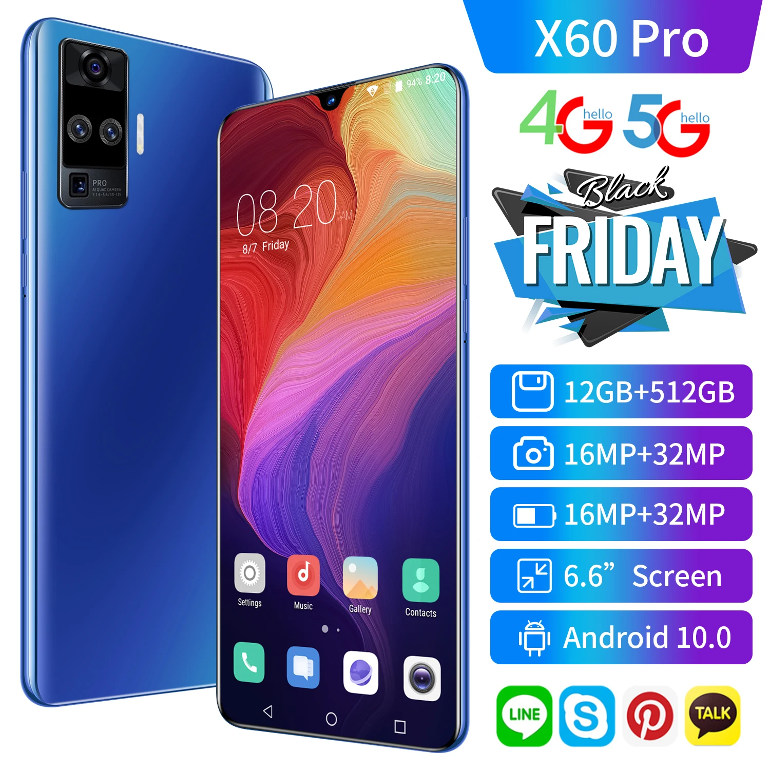 Versión Global X60 Pro Smartphone Quad Cámara 32MP Smartphone 6,6 "12GB + 512GB 5000mAh Android 10,0 5G LTE para móvil teléfono