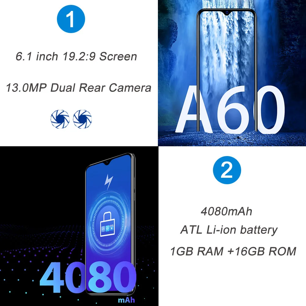  Blackview A60 Smartphone Quad Core Android 8.1 4080mAh Cellphone 1GB+16GB 6.1inch 19.2:9 Screen Dua