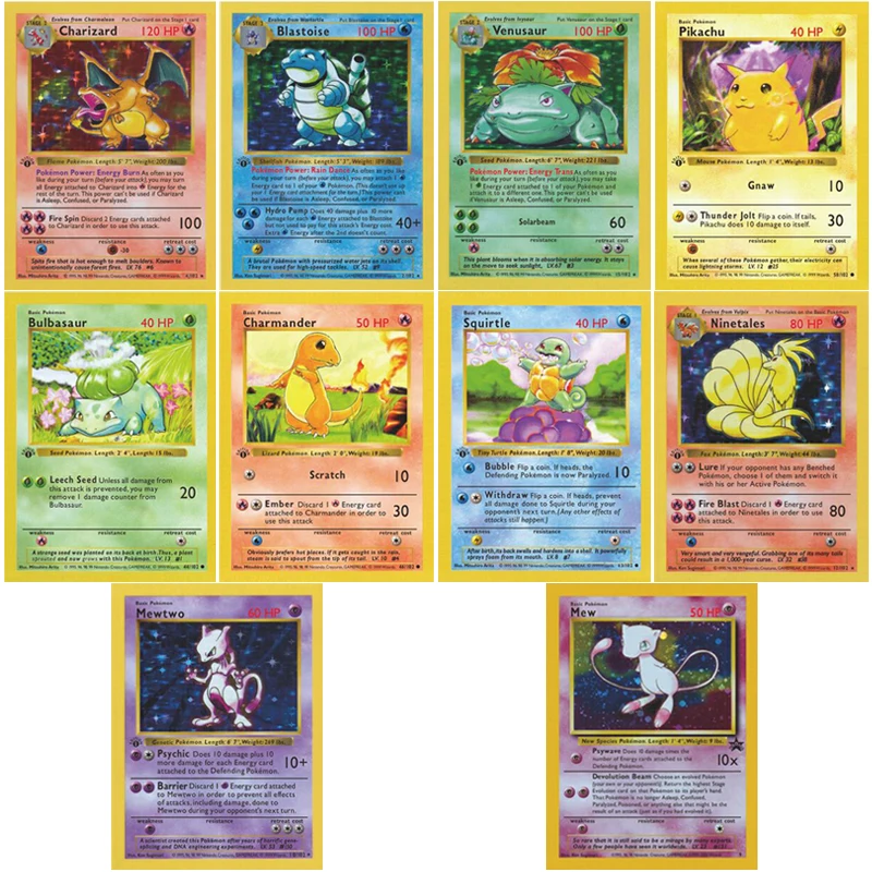 10 штук/комплект 1996 Eerste Editie Pokemon Пикачу Чаризард Venusaur Сквиртл Mewtwo Geen Flash Game Collection