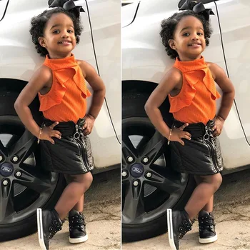 

2020 Child Boy Girl Clothes Ruffles Top Vest Leather PU Zip Skirt Summer Clothing Set 9m-5T