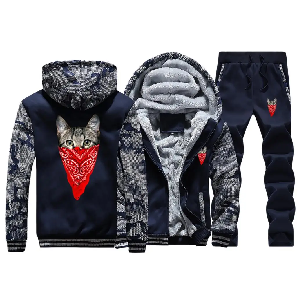 Dark Blue Милые кошки полный Человек спортивный костюм для мужчин зимние наборы Kawaii животных печати камуфляж толстовки Толстая куртка теплый бег мода уличная одежда - Цвет: Dark Blue