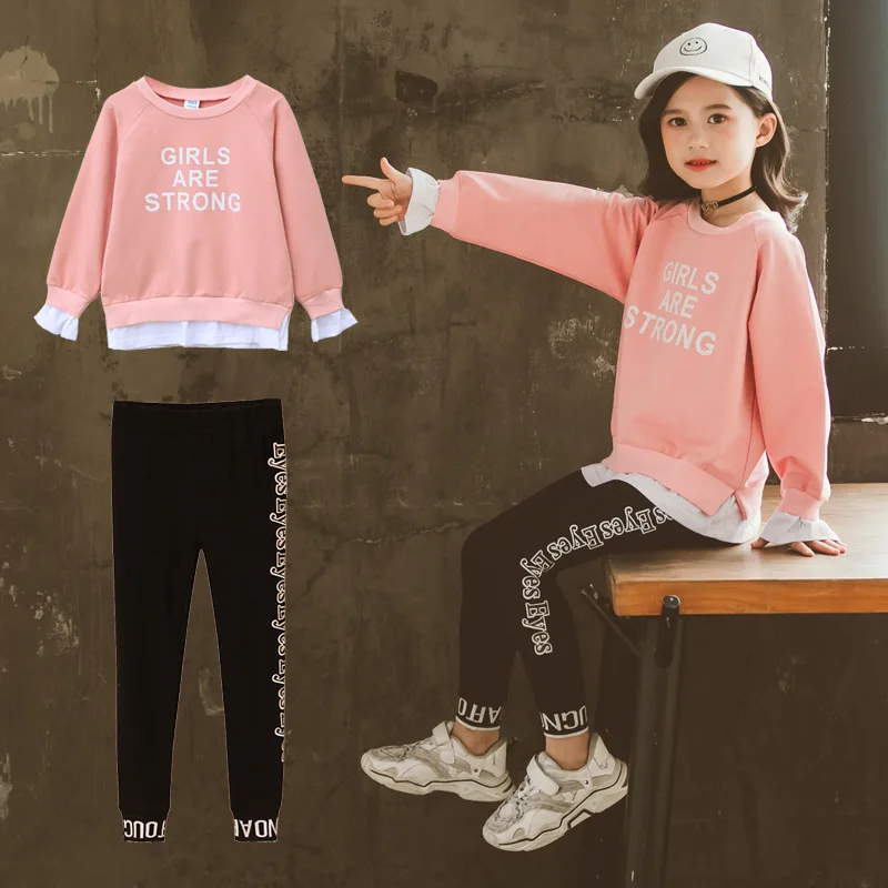 

2020 Korean-style Spring And Autumn New Style Big Virgin Girls Lettered Solid Color Leggings CHILDREN'S Suit Little Girl Western