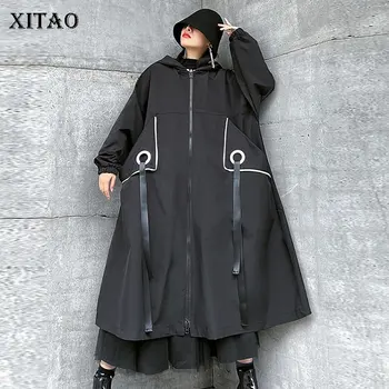 

XITAO Tide Plus Size Patchwork Ribbon Trench Women Clothes 2020 Spring New Loose Casual Hooded Collar Long Coat Top GCC3386