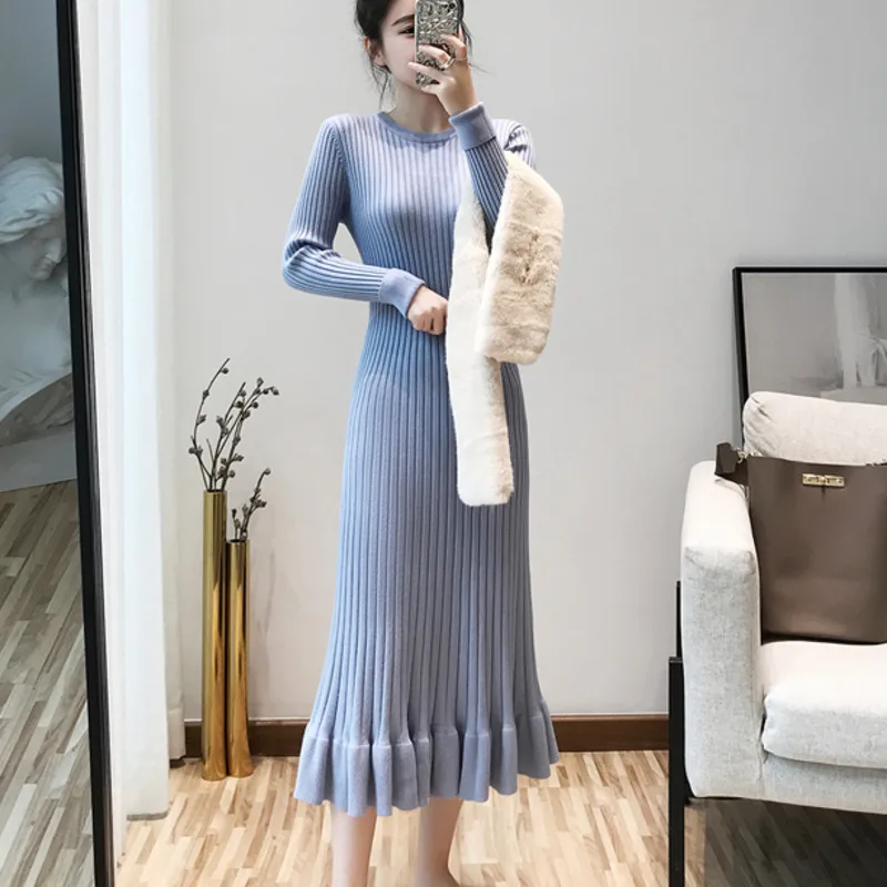 

Women Long Knitted Sweater Dress Autumn Winter Korean Elegant Vintage Long Sleeve Mermaid Dress Pullover Sweater Vestidos Robe