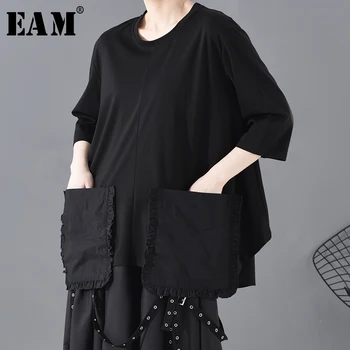 

[EAM] Women Black Big Pocket Split Big Size T-shirt New Round Neck Three-quarter Sleeve Fashion Spring Summer 2020 1S53101