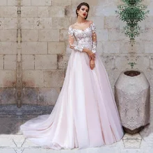 Романтическое светло-розовая с длинными рукавами свадебное платье Vestido de Novia свадебное платье с кружевами Иллюзия Аппликации Свадебные платья из фатина