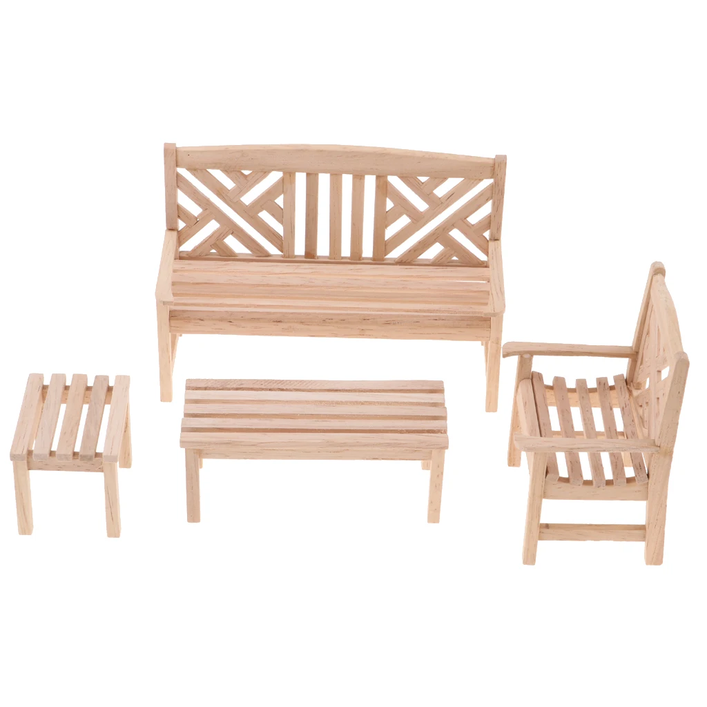 Dollhouse Miniature Furniture Bench Table Chair Stool set Park Garden Decor 1:12 