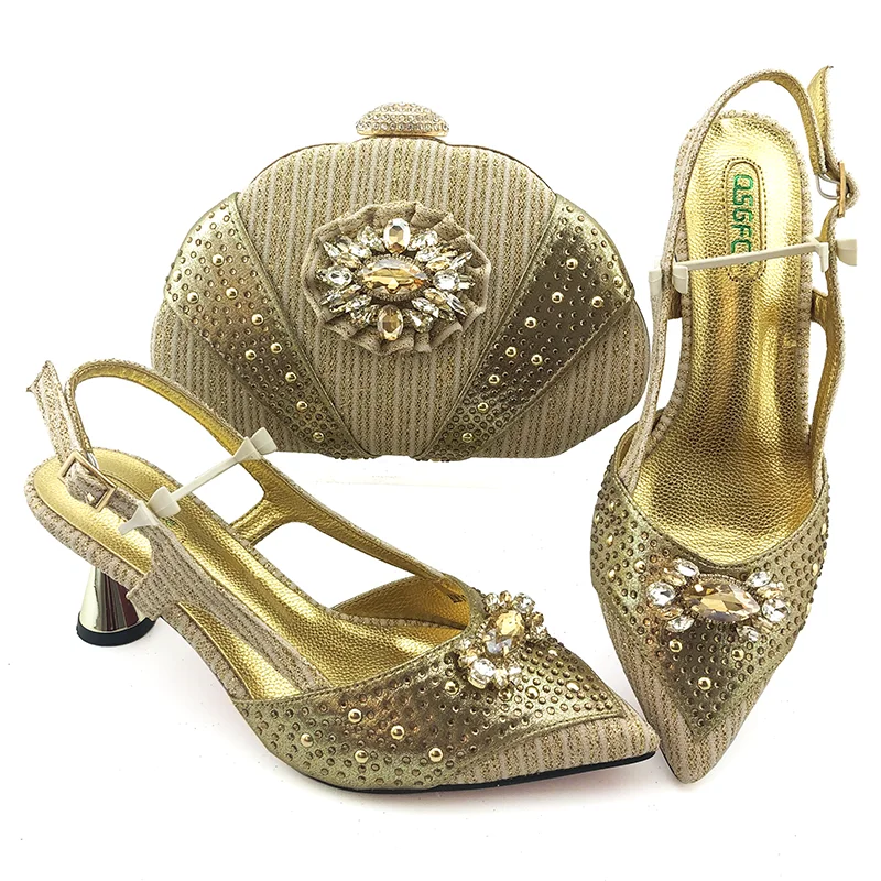 

2.75 inches sandal shoes and clutches bag set with big size 38 to 43 nigeria shoes and bag set gold color african SB2025-1
