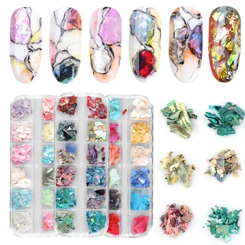 

12 Grids 3D Irregular Abalone Seashell Slices Nail Sequins Mermaid Flakes Holographic Glitter Nail Art Decorations Polish Manicu