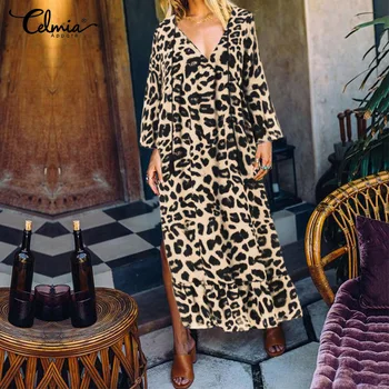

2020 Celmia Bohemian Leopard Print Dress Women Sexy V neck Split Lantern Sleeve Maxi Dresses Casual Loose Pleated Vestidos Robe
