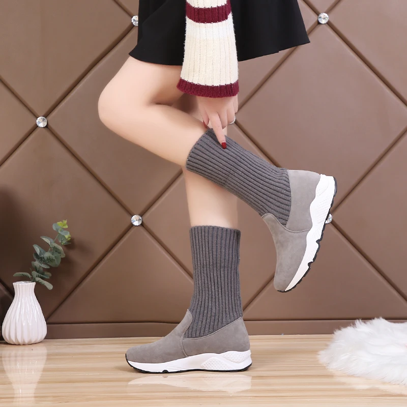 New Ladies Winter Knit Sneakers Women Shoes Designer Winter Sneakers Fur Warm Plush Sport Sock Boots Casual Shoes Female