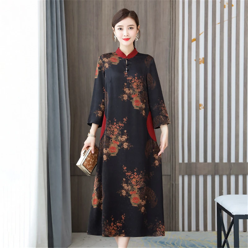 Spring Autumn Chinese style dress for women long Full sleeved dress ladies improved cheongsam dress Printing fragrant cloud yarn