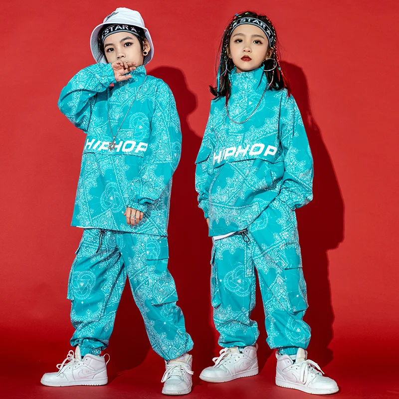 Boys Street Dance Costume Loose Blue Sweater Pants Tide Printing Hip-Hop Outfit Performance Girls Clothes Rave Wear BL7234