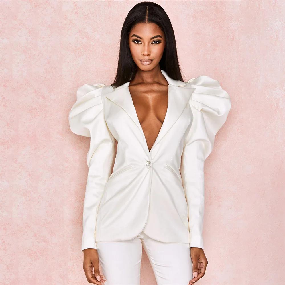 Elegant Long Puff Sleeve Women Blazers and Jackets Fashion Solid Single Button Blazer Feminino Casual Notched Outwear Coat