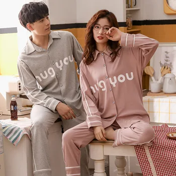 

2020 Autumn New Cotton Sleepwear 2PCS Pajamas Suit Casual Lovers Shirt&Pants Pijamas Soft Nightwear Intimate Lingerie Homewear