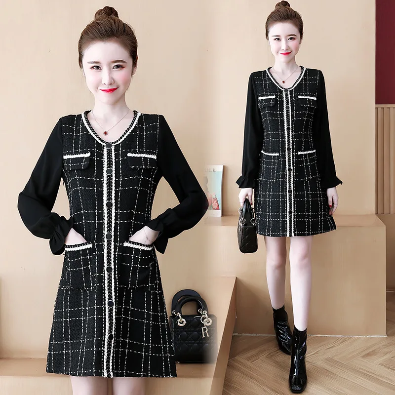 

2020 Spring Korean-style Large Size Dress Elegant Dress Fat Mm Slimming Cover Belly Large Size Dress