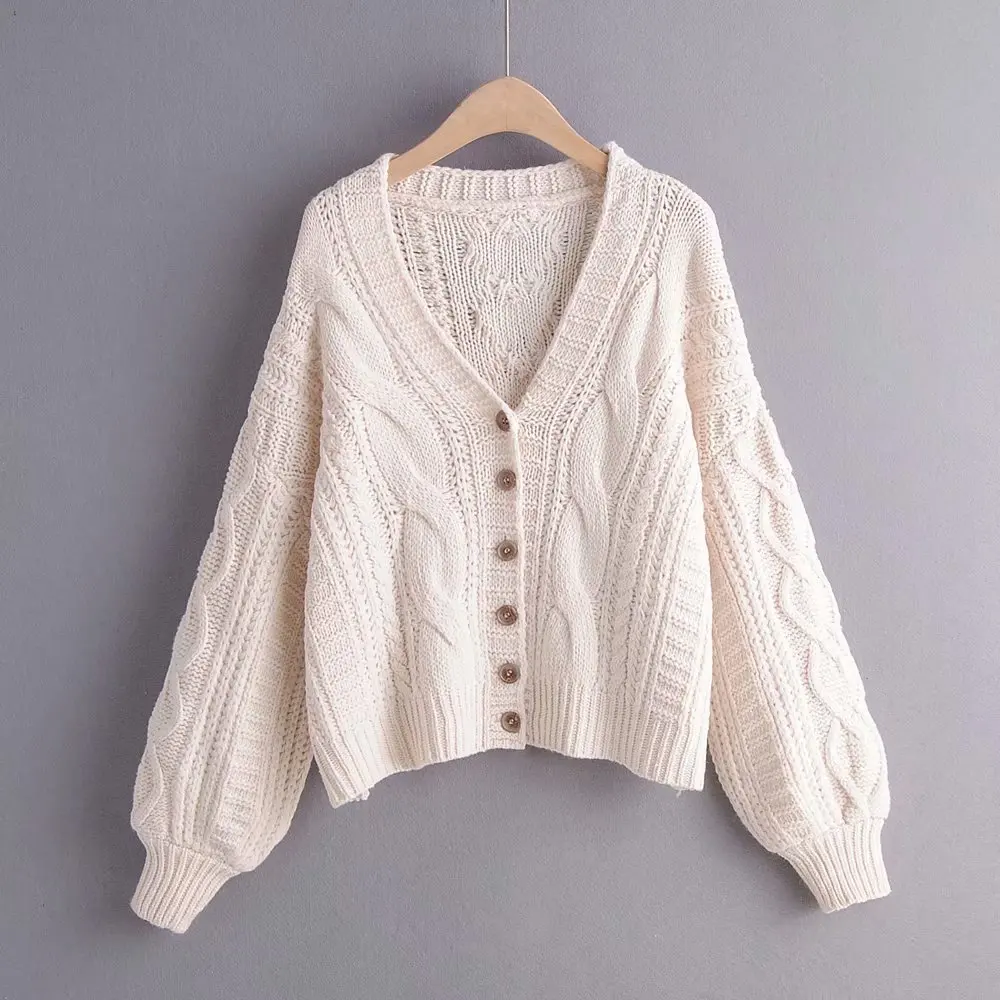 

2019 Autumn new women's European and American style V-neck long-sleeved buckle design solid color twist texture cardigan sweater