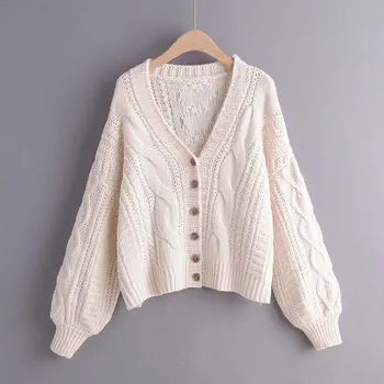

2019 Autumn new women's European and American style V-neck long-sleeved buckle design solid color twist texture cardigan sweater
