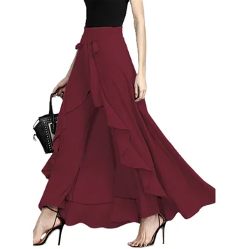 

New Fashion Flounce Hem Ankle Length Loose Pure Color Autumn Female Pant Skirt Ruffle Drawstring Trouser Elegant Irregular Pants