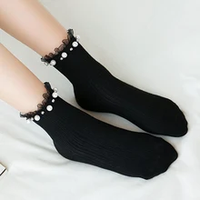 Хлопок сплошной цвет перламутровые кружева ребра Топ простые дикие серии женские свободные носки