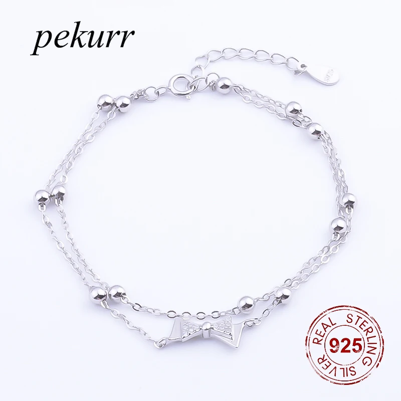Pekurr 925 стерлингового серебра ювелирные изделия двойной стиль бисера цепь лук цепочка с узлами браслет модные изысканные аксессуары для женщин украшения