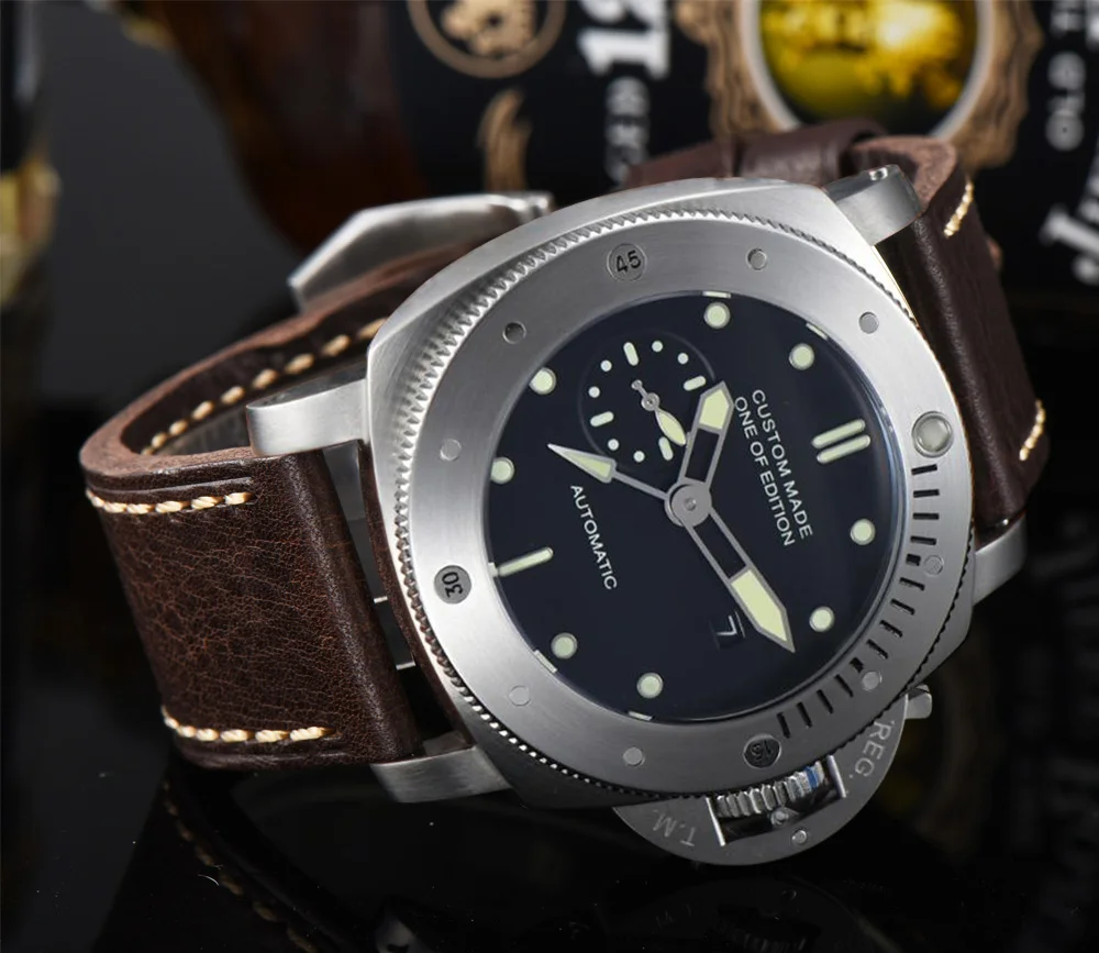 PARNIS 47 мм GMT автоматический ход для мужчин t нержавеющая сталь полированная мужские часы Высокое качество кожаный ремешок P-47-2
