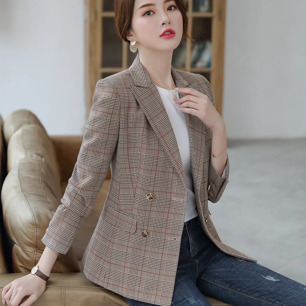 

S-5XL Plus Size Plaid Jacket Double-breasted Blazer Outwear Slim Fit Work Female Korean Style Student Fall Coat 80323