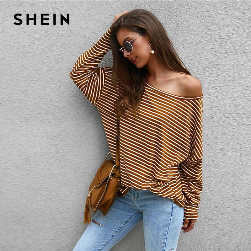 SHEIN полосатый принт Асимметричная Шея негабаритная футболка Женские топы Падение плеча осень длинный рукав Свободная Повседневная футболка Топы