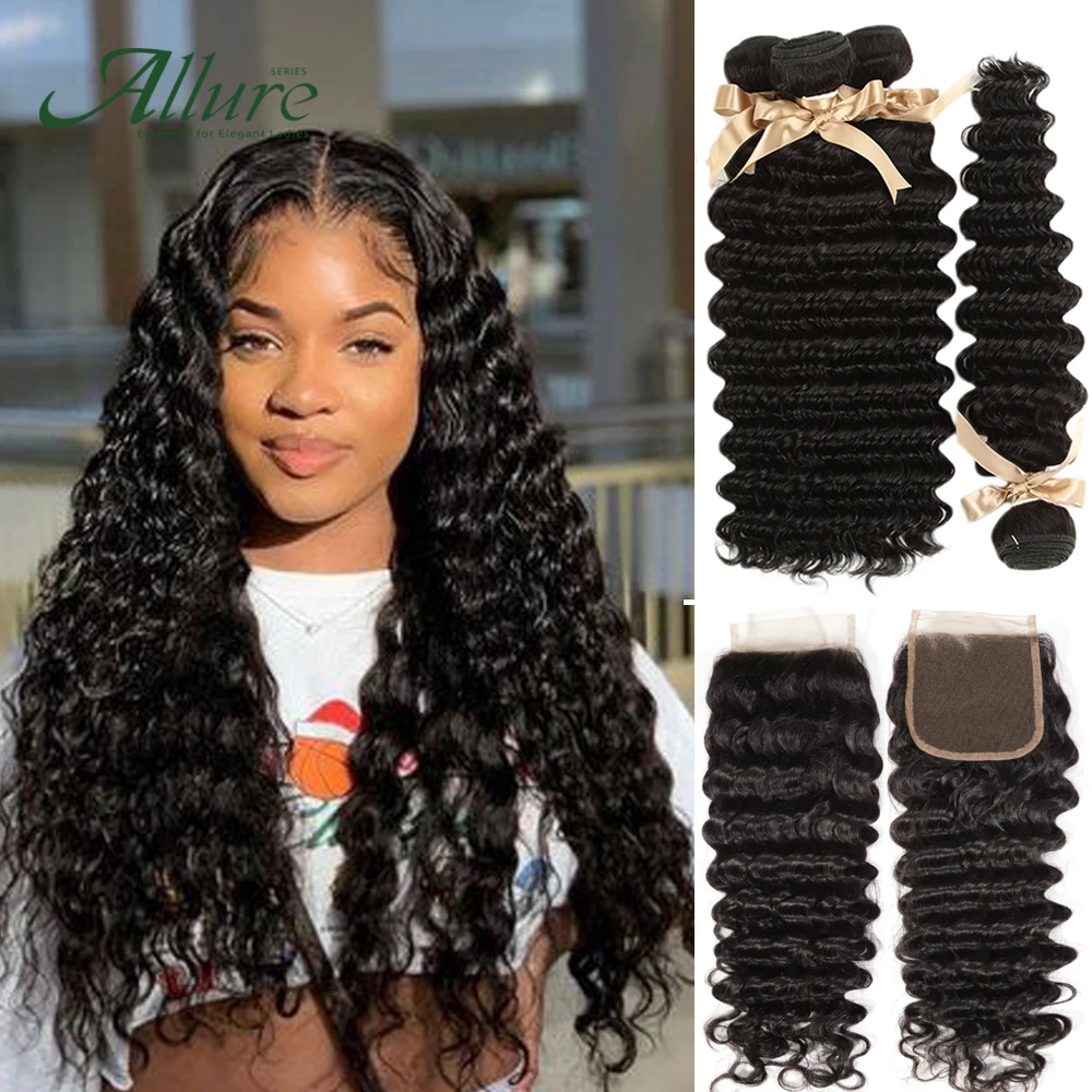 

Deep Wave Bundles With Closure Hair Weave Non Remy Peruvian Human Hair 3 Bundles With Closure Natural Color Fast Shipping Allure