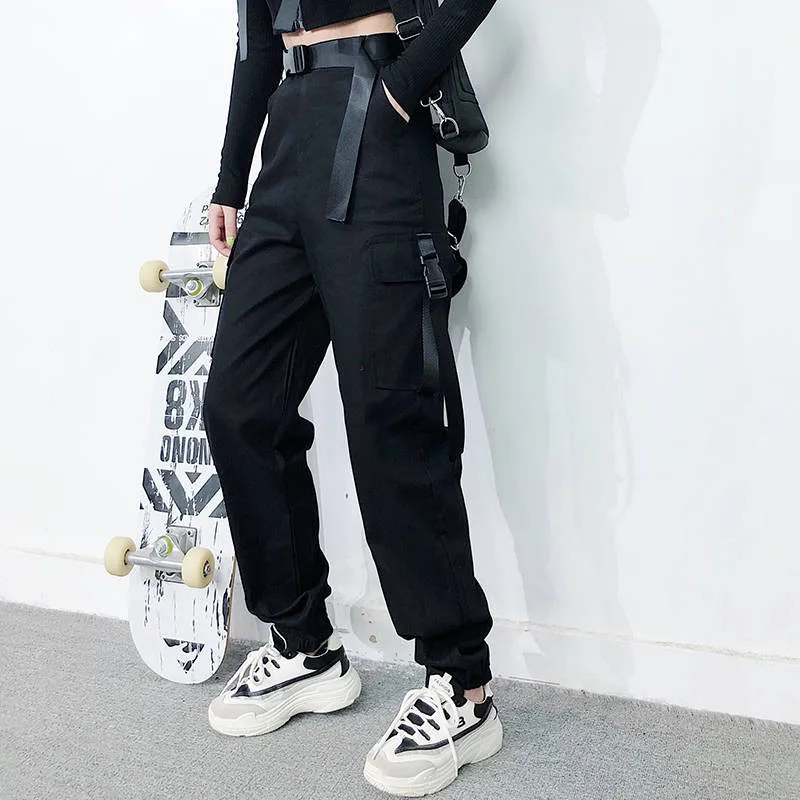 

Black Cargo Pants Women Fashion 2019 Pockets Patchwork Hippie Trousers Funny High Waist Streetwear Pants Autumn Pants Females