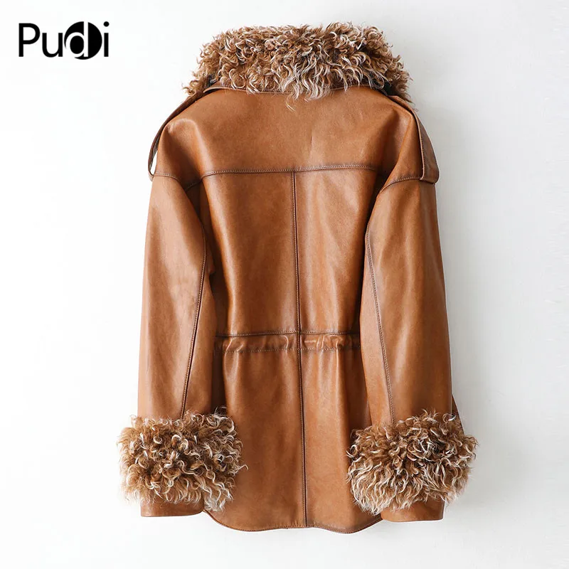 PUDI fall/winter genuine leather sheep fur collar jacket sheepskin coat lady's Leisure 90% down coat female overcoat A69026