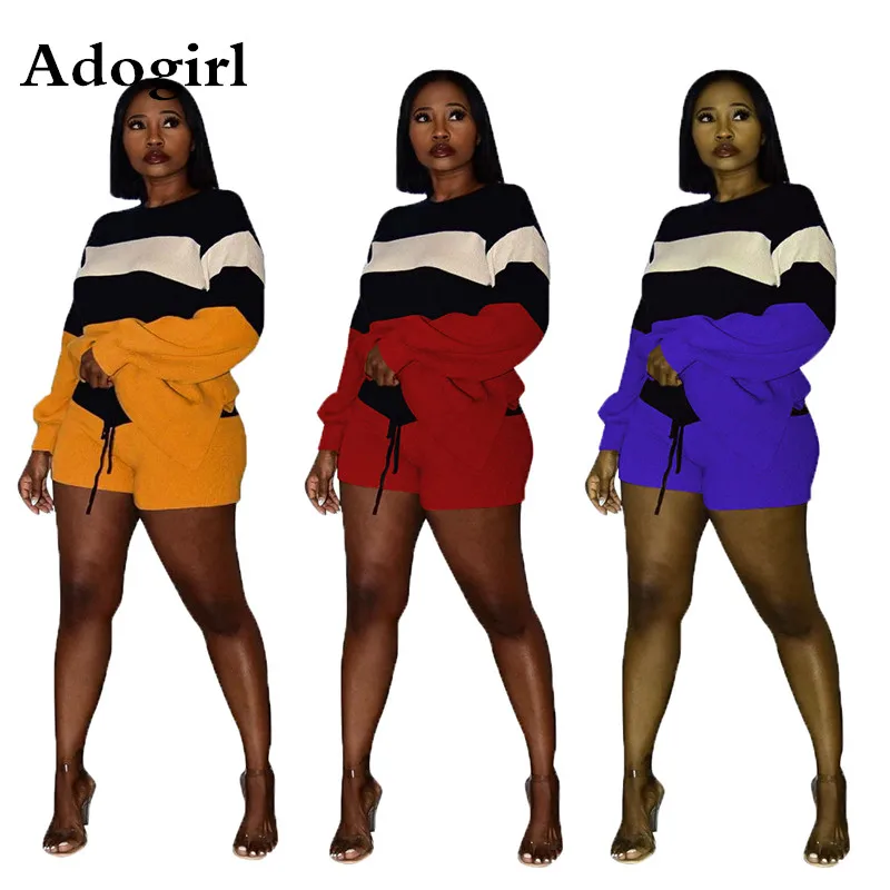 

Color Patchwork Sweater Women 2 Piece Suit Long Sleeve Loose Sweatshirts Pullover Top + Shorts Casual Warm Suits Streetwear