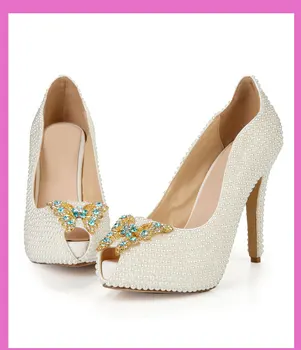 

Women Sandals White Pearl Peep-toe Sandal Middle High Heels Advanced Wedding Shoes