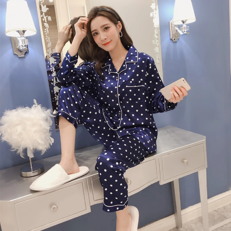 

Simulation silk pajamas sets turndown long-sleeved trousers two-piece ladies Small dotsr satin home service sleepwear