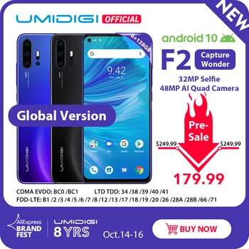 Pre-sale UMIDIGI F2 Android 10 Global Version 6.53"FHD+6GB 128GB 48MP AI Quad Camera 32MP Selfie Helio P70 Cellphone 5150mAh NFC