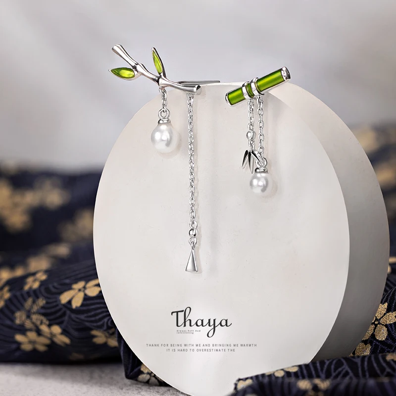 Women Earring Pearl Dangle Fashion Jewelry Thaya Retro Green Enamel Silver with Cute