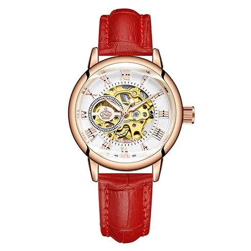 Классические роскошные женские механические часы из розового золота с сетчатым стальным ремешком, женские наручные часы от ведущего бренда, часы с браслетом, Relogio Feminino - Цвет: Rose Red Leather