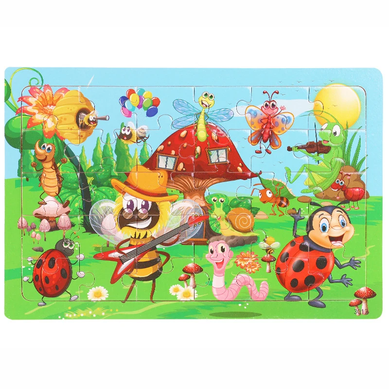 New 30 Pieces Wooden Toy Jigsaw Puzzle Wood Cartoon Animal Vehicle Kid Early Learning Baby Educational Toys for Children Puzzles 12