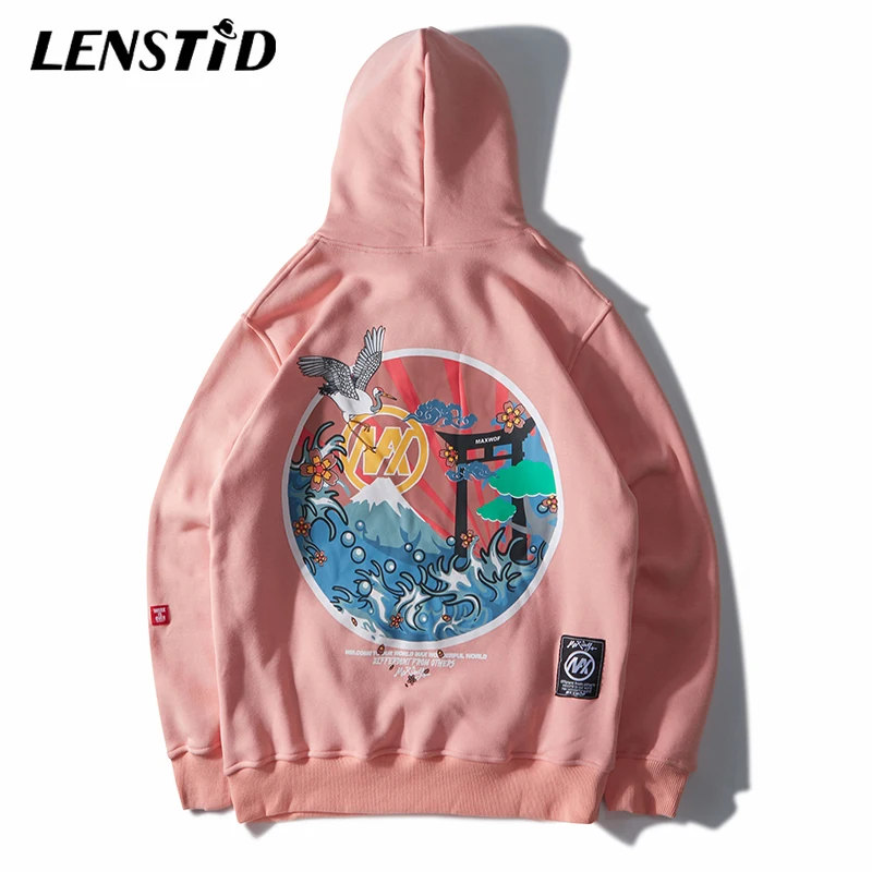 

LENSTID Harajuku Japanese Embroidered Cranes Fleece Velvet Winter Thicken Hoodies Streetwear Mens Hip Hop Pullover Sweatshirts