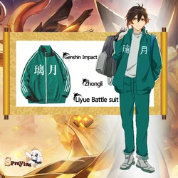 Liyue Green Coat Genshin Impact Cosplay Zhongli Sweatshirt Jacket Cardigan Stand-Up Collar Casual Woman Man Sportswear Tops