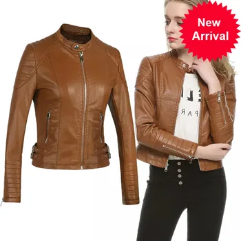 

Women 2020 Fashion Elegant Zipper Faux Leather Biker Jacket in Brown Black Slim Ladies Coat Casual Motorcycle Leather Coat
