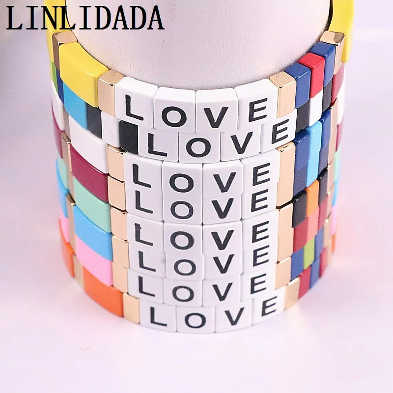 

4Pcs Bohemian Handmade Elastic Stretch Stack Bangle Cuff Square Tile Metal Alloy Bead Enamel Letter Bracelet