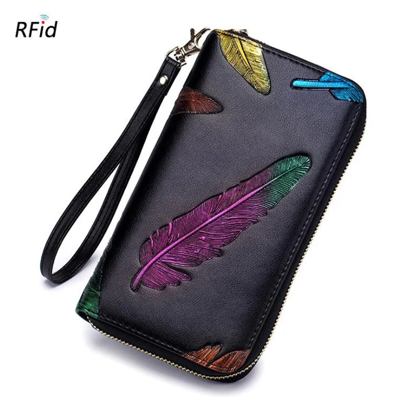 Западный Rfid перо ручная роспись органная кожа длинный женский кошелек винтажный много держателей карт женский кошелек