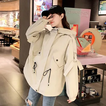 

2020 Spring Women Loose Waist Lace up Hooded Tooling Windbreaker Coat Autumn Plus size Solid Zipper Long sleeve Casual Outerwear