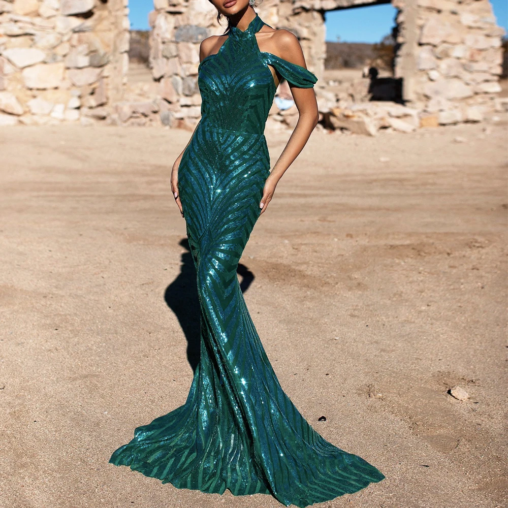 

Women Sexy High Neck Off Shoulder Sequin Dresses Backless Stretchy Maxi Dress