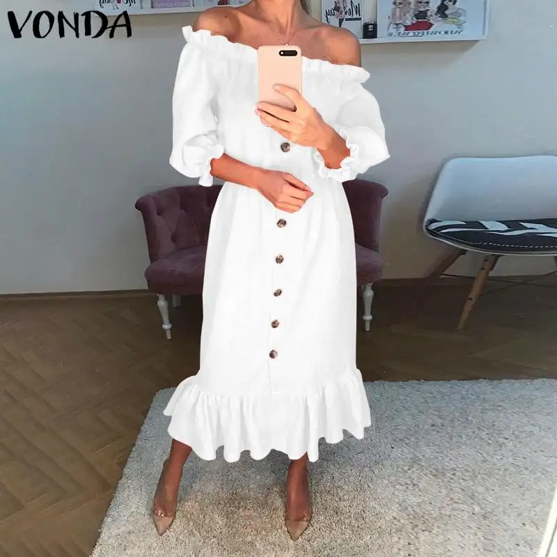 VONDA богемное длинное платье для женщин, летний сарафан с открытыми плечами, Vestidos, женские вечерние платья с рукавом-бабочкой размера плюс
