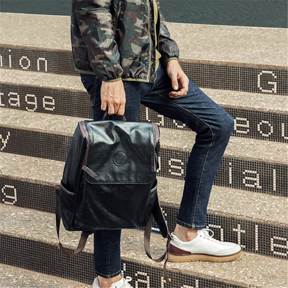 Genuine Leather Men Backpack USB Laptop Bag Flap-cover Weekend Travel Knapsack for Male Teenagers Women Zipper Notebook Bags