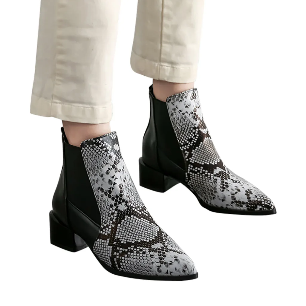 ankle boots heels woman Snake Grain Pointed Toe Slip-Up Boots Square Heels Vintage Women bota infantil para neve#109g25