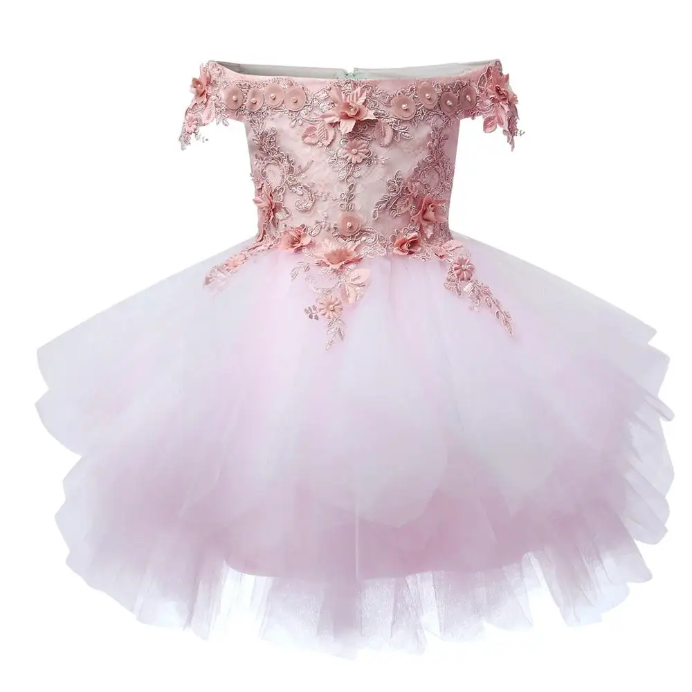 Свадебное платье с открытыми плечами для девочек, Персиковое, розовое платье с цветочным узором для девочек 12 мес.-12 лет, кружевное платье из тюля с бусинами для девочек на день рождения, можно заказать размер