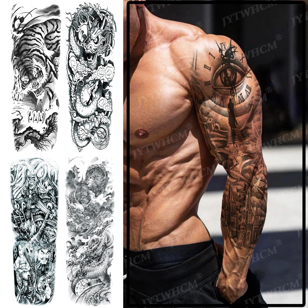 Big Arm Sleeve Tattoo Clock Eye Waterproof Temporary Tattoo Sticker Dragon  Tiger Lion Wolf Skull Art Fake Tattoo Men And Women|Temporary Tattoos| -  AliExpress